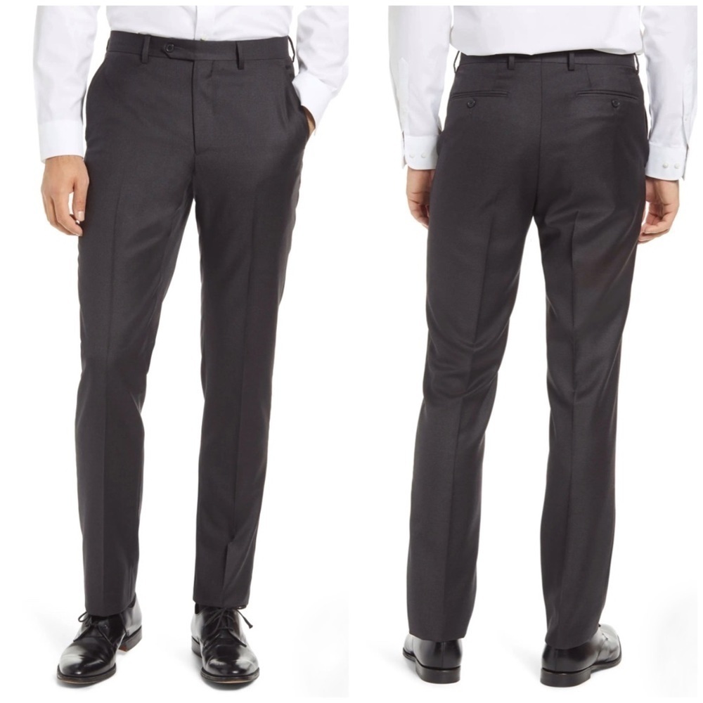Santorelli Roma Flat Front Wool Dress Pants in Charcoal